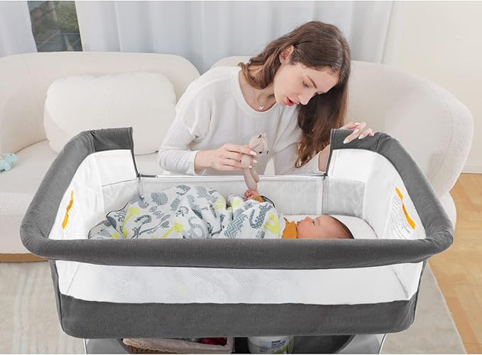 Ihoming Bassinet Bedside Sleeper for Baby, 3 in 1 Convertible Design, lnfant Bed Side Sleeper & Cradle Bassinets, Newborn Bedside Crib Attaches to Bed, Deep Grey