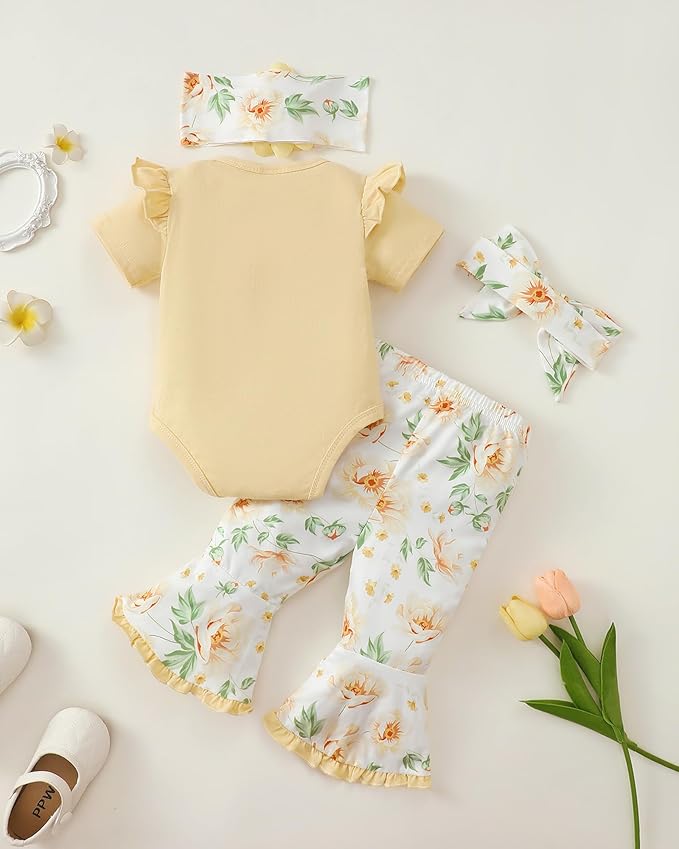 SUNNY PIGGY Newborn Baby Girl Clothes Infant Outfits Romper Floral Fall Outfit Bell Bottoms Pant Sets Hat Headband Flowerpant