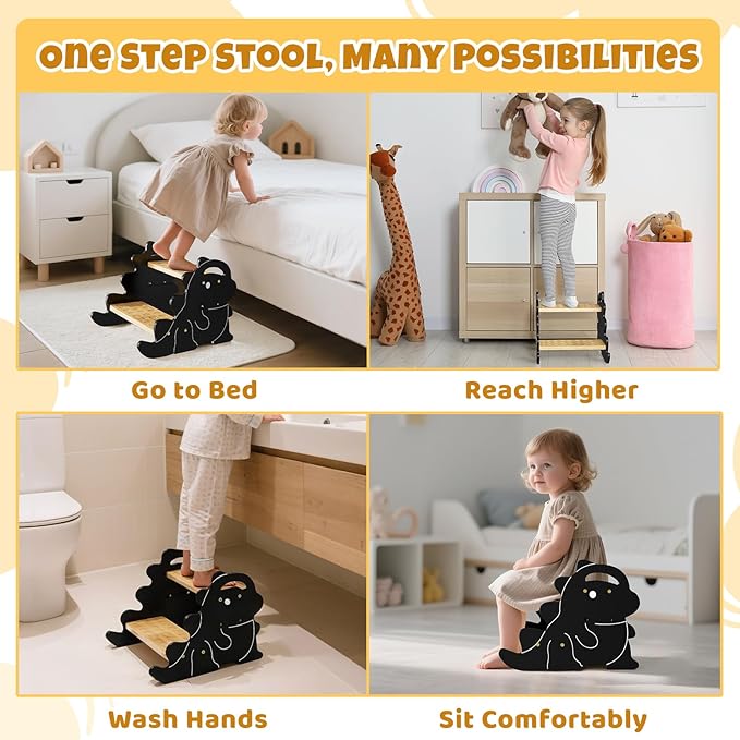 COSYLAND Wooden Toddler Step Stool for Kids with Non-Slip Surface and Handle - Supports Up to 220 Lbs Stool for Toddlers - Lovely Dinosaur Shaped Toddler Stepping Stool for Bathroom (Natural & Black)