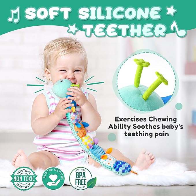 Baby Toys 0 to 12 Months, Musical Stuffed Animal Activity Soft Toy with Multi-Sensory Crinkle, Rattle and Textures, Infant Tummy Time Toys for Newborn Boys Girls, Caterpillar, Blue