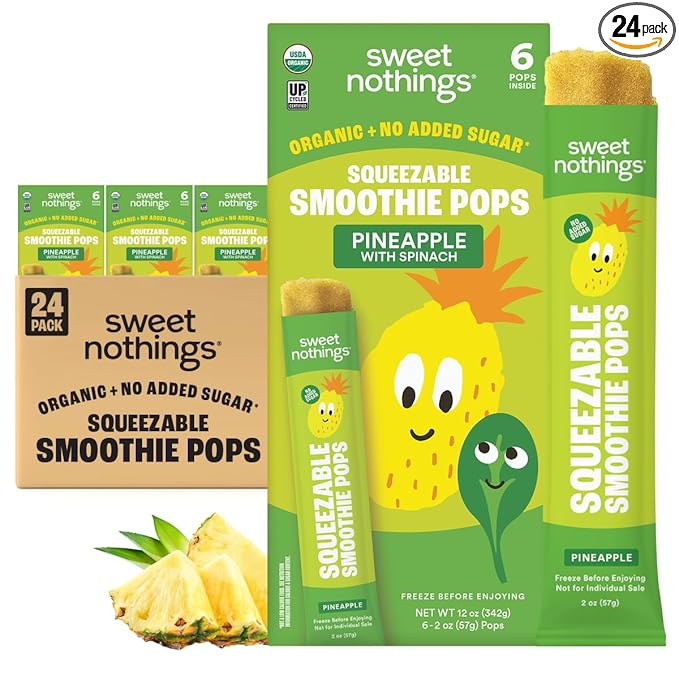 Sweet Nothings, Pineapple, USDA Organic Kids' Squeezable Fruit Smoothie Popsicle Pops, Value Pack of 24 - Dye-Free, No Added Sugar, Dairy-Free, Vegan, Organic Fruit and Veggie Pops, Freeze & Enjoy
