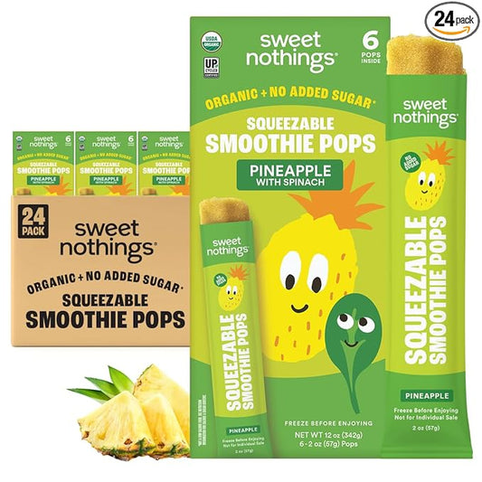 Sweet Nothings, Pineapple, USDA Organic Kids' Squeezable Fruit Smoothie Popsicle Pops, Value Pack of 24 - Dye-Free, No Added Sugar, Dairy-Free, Vegan, Organic Fruit and Veggie Pops, Freeze & Enjoy