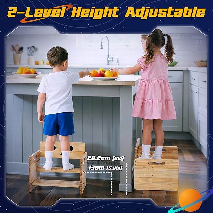 COSYLAND Robot Shaped Kids Step Stool with Handle - Height Adjustable 2 Step Stool for Toddlers - Stable Wooden Nursery Step Stool for Toilet Potty Training, Bathroom, Kitchen (Natural)