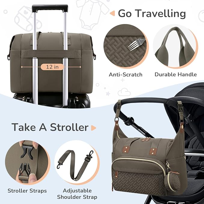 Diaper Bag Tote, Baby Bag Travel Diaper Tote Bag with Pacifier Case, Cute Maternity Hospital Baby Stylish Diaper Tote for Mom Dad Khaki
