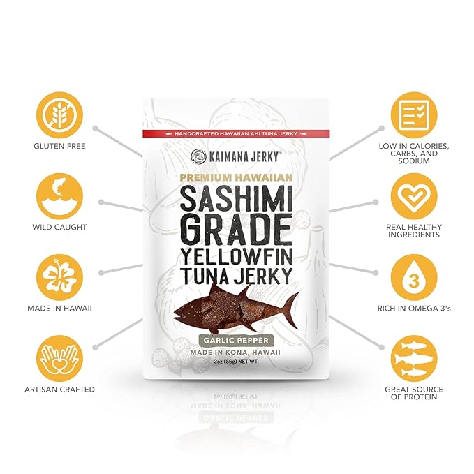 Kaimana Ahi Tuna Jerky Garlic Pepper 2 Ounce - Soft and Tasty - Premium Fish Jerky Made in the USA. High in Omega 3's, All Natural and Wild Caught