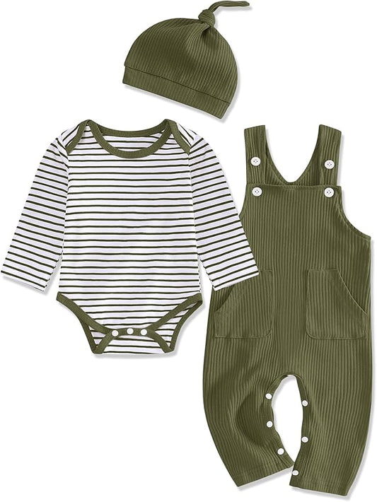 oklady Baby Boy Clothes Stripe Pattern Print Romper Top and Baby Overalls with Hat 0-18 Months Baby Boy Outfits
