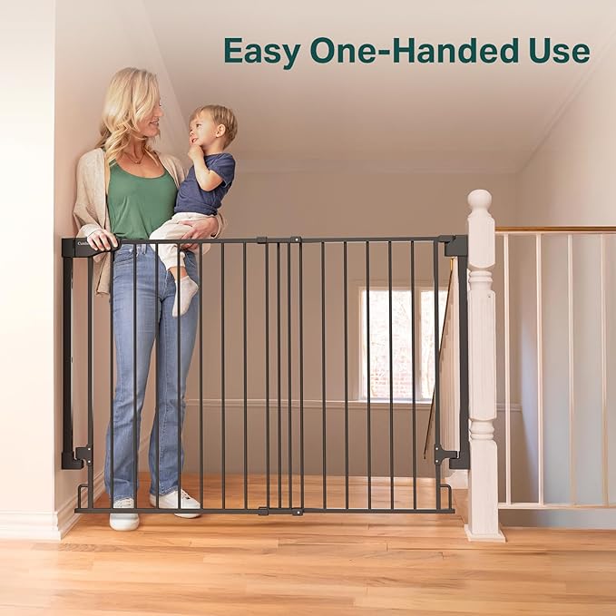 Cumbor 34" Extra Tall No Bottom Bar Baby Gate for Stairs, Wall Mounted Dog Gate Indoor for Larger Pets, Expandable 31.6-48" Safety Gate for Doorways, Wide Walk Thru Door for Easy Access (Black)