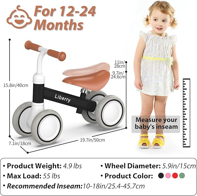 Liberry Baby Balance Bike for 1 Year Old Boys, 4 Wheels Toddler Balance Bike with Adjustable Seat, 12-24 Months Infant's First Birthday Gift (Black)