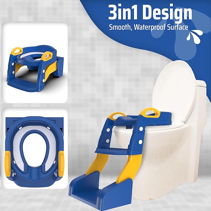 3-in-1 Toddler Potty Training Toilet with Ladder, Easy Assembly, Collapsible Potty Training Seat, Anti-slip Foldable Toddler Toilet Seat with Adjustable Step Stool For Kids Boys And Girls (Blue)