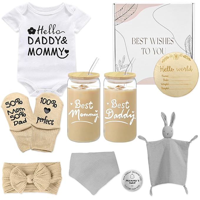 New Mom Gifts Basket for Women,Pregnancy Gifts for New Parents Gifts Basket,Unique Gender Reveal Gifts,New Mom and Dad Gifts with Glass Cups,First Time Mom Gifts,Baby Gifts