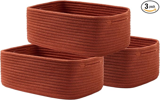 Small Woven Basket, 13.5 x 9.5 x 5 Inches, Storage Basket for Organizing, Cute Small Rope Shelf Closet Cube Storage Bins Baskets for Shelves, Dog Toy Gift Baskets Empty, 3 Pack Rust Red