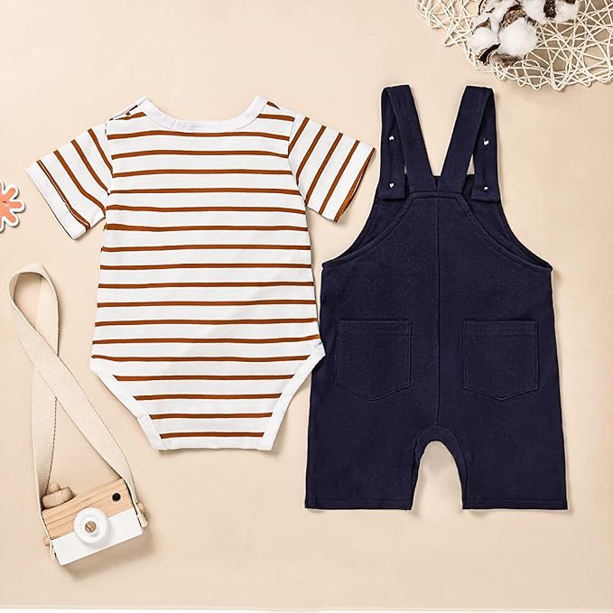 Baby Boy Clothes Newborn Outfits Stripe Romper Infant Cartoon Overall Adjustable Suspender Pants Set 0-18 Months
