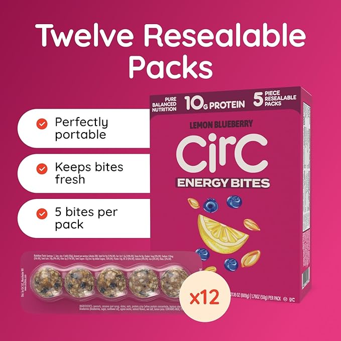 CirC Energy Bites - 12 Pack Lemon Blueberry Gluten Free Protein Balls - 10g Protein, Whole Grains, Nuts & Fruit - Portable Healthy Snacks for Adults & Kids, 5 Piece Resealable Packs