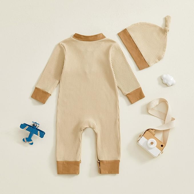 fhutpw Newborn Baby Boy Clothes Ribbed Knit Bodysuit 3 6 Months Infant Fall Long Sleeve Splicing Color Romper Jumpsuit & Hat