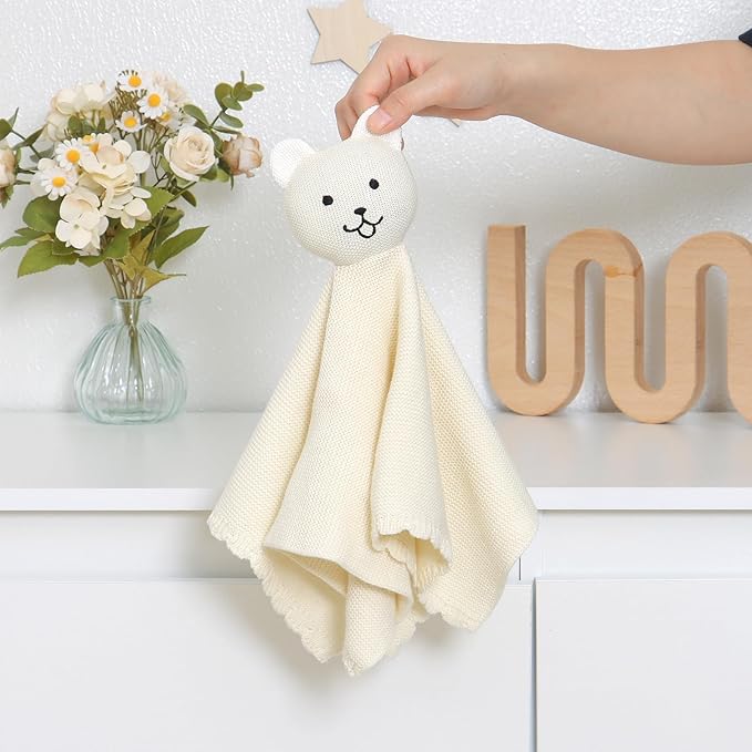 LAWKUL Baby Blanket Bear Lovey Soft Cuddly Security Blanket for Newborns Infants Boy Girl Knit Snuggle Comfort White 16x16in