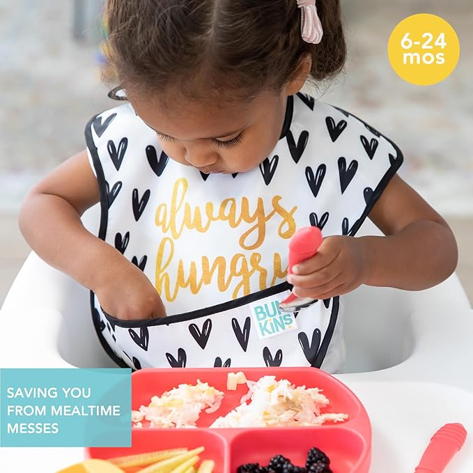 Bumkins - SuperBibs + Sleeved Bib - For Boys & Girls, Babies & Toddlers 6-24 Months - Lightweight, Durable, Waterproof - Catch-All Pocket - Wipeable & Machine Washable - Black Hearts on White - 3 Pack