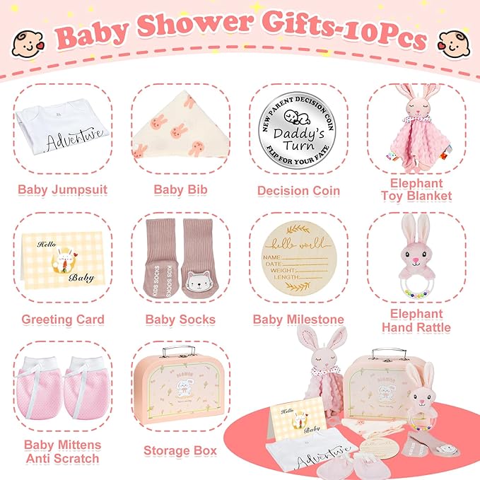 Baby Shower Gifts for Girls, 10Pcs Baby Girl Baby Shower Gifts Set, Premium Essential Welcome Baby Girl Gifts Basket Set, Baby Girl Gift Basket Set & Girl Baby Shower Gifts