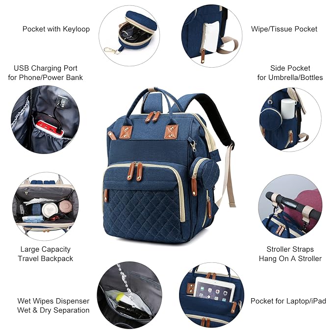 Diaper Bag with Changing Station, Waterproof Baby Bags for Boys & Girls, USB Charging Port for Parents, Must-Have Baby Essentials & Lovely Baby Shower Gifts, Blue
