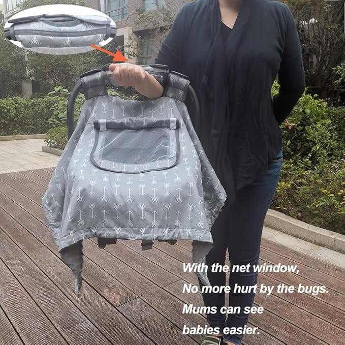 Car seat Covers for Babies boy Girl, Carseat Canopy for Newborn Carrier, 2 Layers Windows of mesh/Fabric, No Shifting on Carrier Handle, Handle Cushion, Cotton & Grey Minky