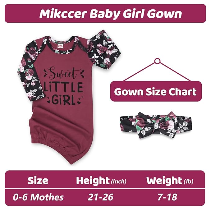 Baby Gown 0-6 Months, Super Soft Infant Nightgown for Baby Girl, Long Sleeve Newborns Sleepers Gown, Newborn Girls Outfits Essential with Headband Set Red