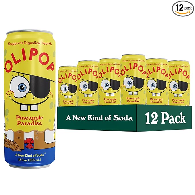 OLIPOP Prebiotic Soda Pop, SpongeBob Pineapple Paradise, Pantry Pack Packed with Prebiotics, Fiber, and Botanicals, Gluten Free, Vegan, GMO Free, 12oz Sleek (12-Cans)