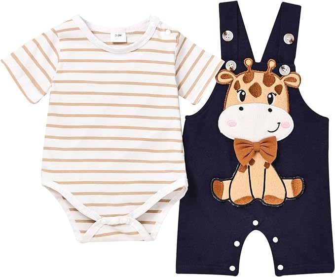 Baby Boy Clothes Newborn Outfits Stripe Romper Infant Cartoon Overall Adjustable Suspender Pants Set 0-18 Months