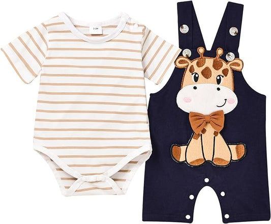 Baby Boy Clothes Newborn Outfits Stripe Romper Infant Cartoon Overall Adjustable Suspender Pants Set 0-18 Months