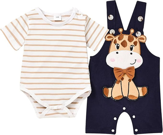 Baby Boy Clothes Newborn Outfits Stripe Romper Infant Cartoon Overall Adjustable Suspender Pants Set 0-18 Months