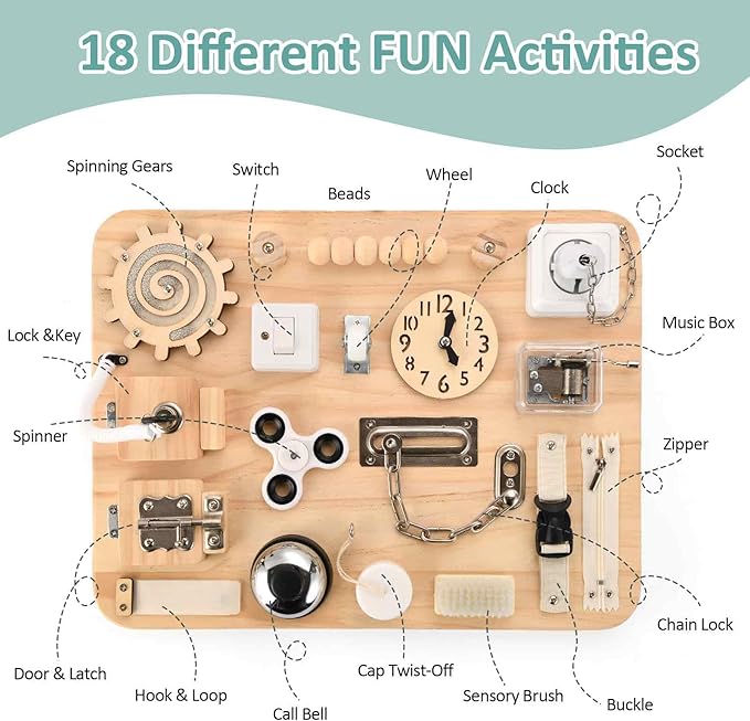 Potatomato Montessori Large Busy Board for 1 2 3 4 Year Old- Wooden Sensory Toys -Fidget Activity Board for Toddlers Boys and Girls- Motor Skills Gifts for ADHD & Autistic Children Kids