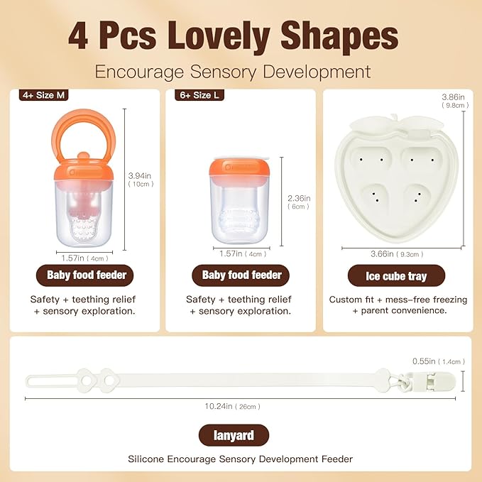 Baby Fruit Feeder & Popsicle Molds Tray Combo, New Born Must Haves and Babies Led Weaning Supplies for Safe Infant Self Feeding, 4+ Month (Orange)