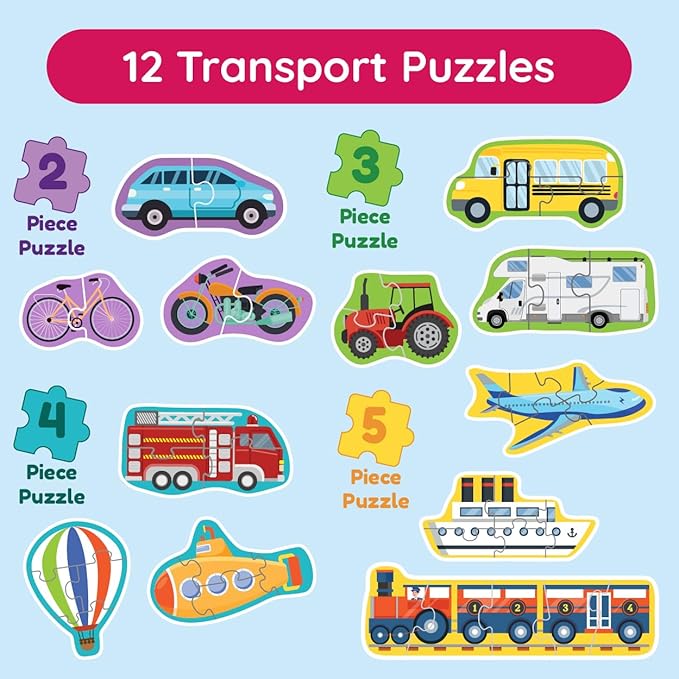 My First Puzzle | Montessori Toy for Toddlers | 12 Puzzles with 2-5 Pieces | Things That Go Together | First Puzzles Set for Kids | Educational Activity for 3+ Year Old