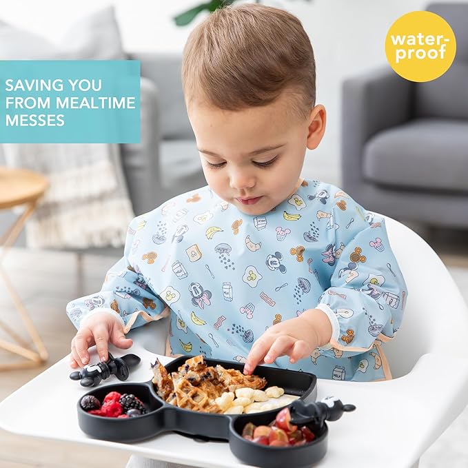 Bumkins Disney Sleeved Bib for Girl or Boy, Baby and Toddler for 6-24 Mos, Essential Must Have for Eating, Feeding, Baby Led Weaning Supplies, Long Sleeve Mess Saving Food Catcher, Mickey and Minnie