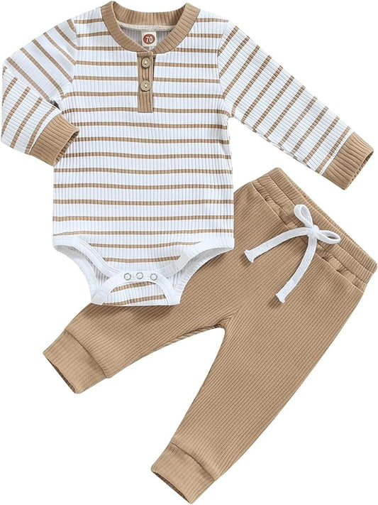 Newborn Baby Boy Girl Clothes Ribbed Knitted Long Sleeve Romper Pants Solid Cotton Infant Fall Winter Outfits 2Pcs