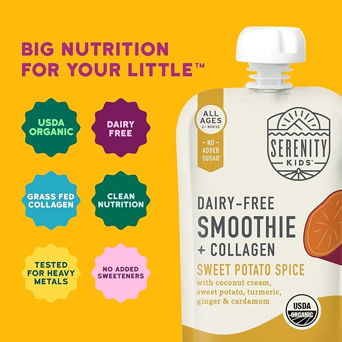Serenity Kids 6+ Months Dairy-Free Organic Baby Food Smoothie Pouch - BPA-Free & Grass-Fed Collagen Protein Smoothie - 3.5 Oz, 12 Pack