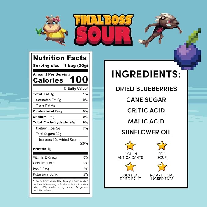 Final Boss Sour Candy, Sour Blueberries, 10 Pack, Level 1, Fruit Chews with Real Dried Fruit, No Artificial Colors or Flavors, Low Calorie Snack for Kids, Teens, Adults, Lunch Boxes & On The Go