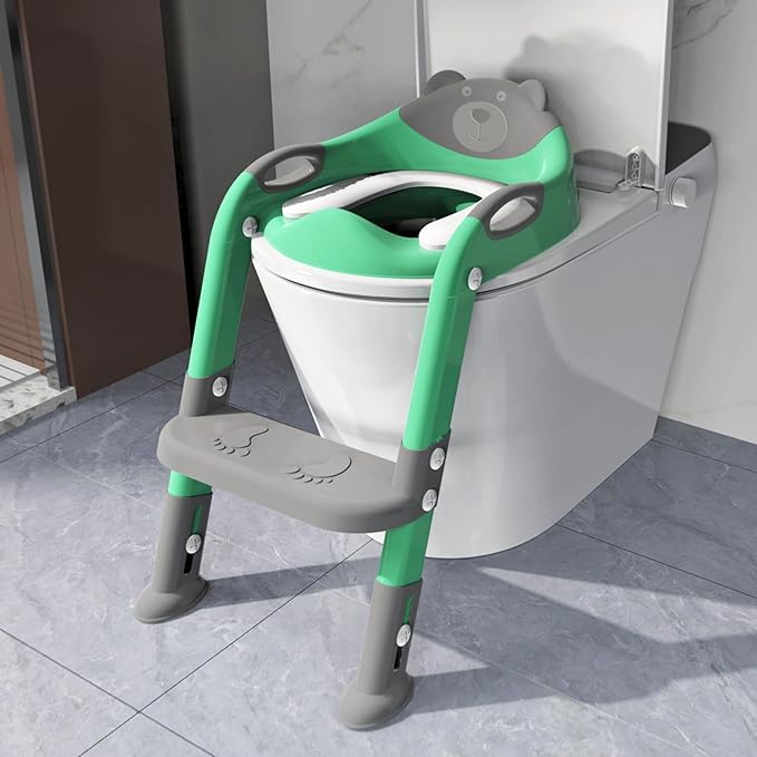 Potty Training Seat with Step Stool Ladder, SKYROKU Potty Training Toilet for Kids Boys Girls Toddlers - Comfortable Safe Potty Seat with Anti-Slip Pads Ladder Grey Green