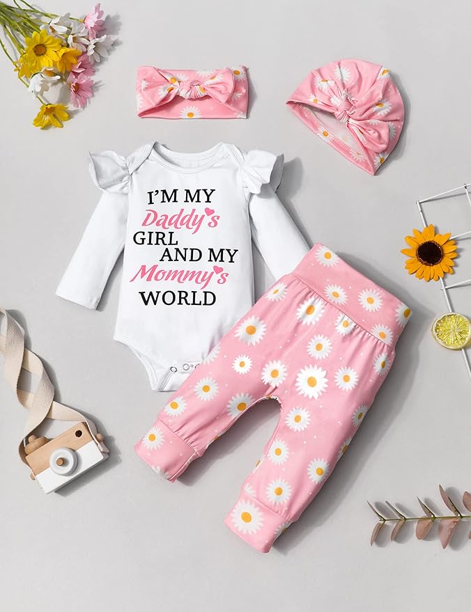 Infant Newborn Baby Girl Clothes Baby Girl Outfits For All Seasons Long Sleeve Snap Romper Pant Sets With Headband