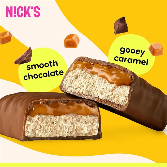 Nick’s Chocolate Caramel Protein Bars – 12-Count Box | High Protein, Low Calories, Low Carbs, Keto Friendly, No Added Sugar