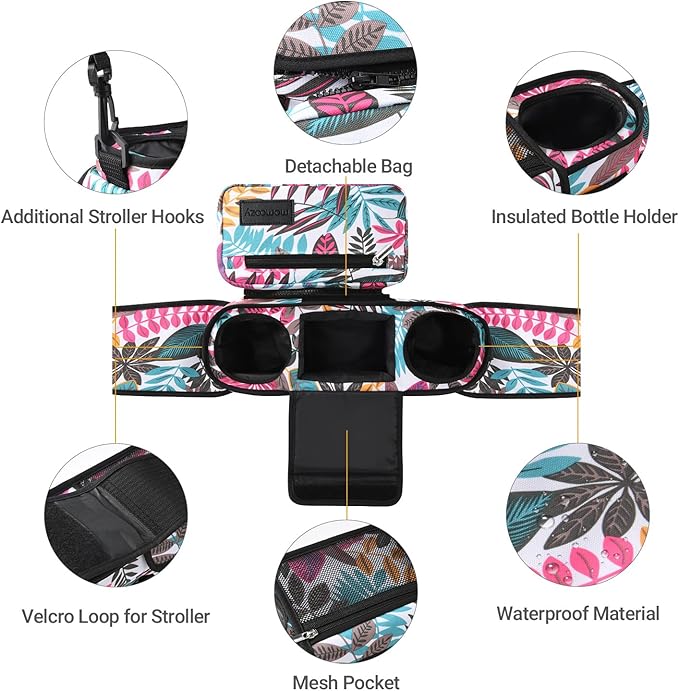 Momcozy Universal Stroller Organizer, 2 Insulated Cup Holders, Removable Zip Pocket, Adjustable Straps, Large Capacity Baby Essentials Compact Design, Fits Any Stroller (Multicolor)