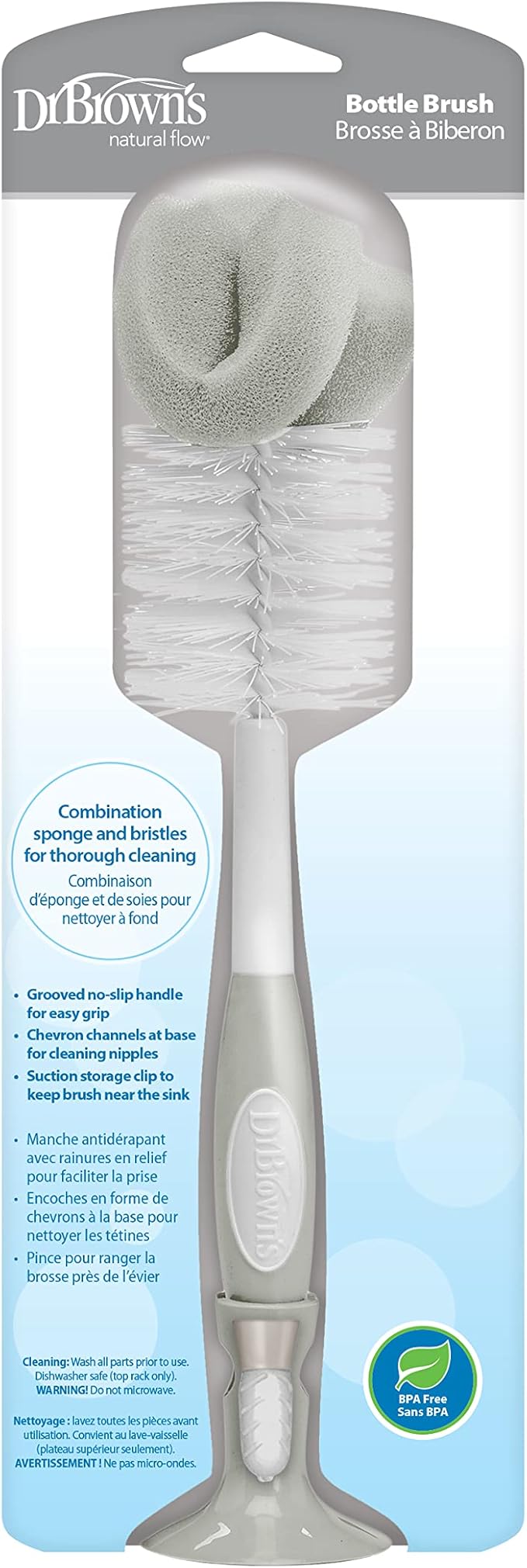 Dr. Brown's Baby Bottle Cleaning Brush with Sponge, Scrubber and Nipple Cleaner, Grey 1 Pack