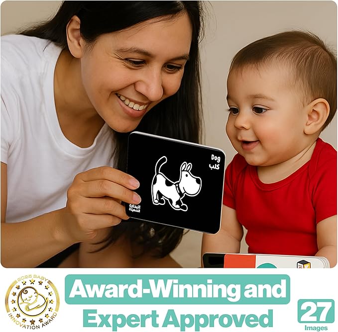Happy Start High Contrast Baby Cards for Newborns - Black & White Cards, Water-Resistant, BPA-Free, Portable Educational Flashcards for Visual Stimulation, Award-Winning, Ages 0+ (English & Arabic)