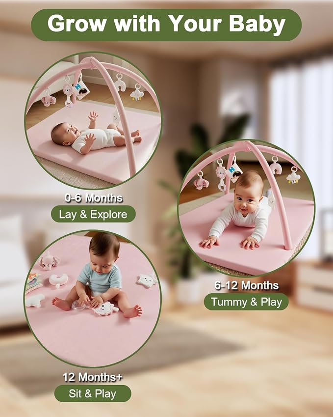 Baby Play Gym with Soft Foam Mat – Removable & Machine Washable Cover, Velvet Tummy Time Mat with 6 Sensory Toys, Non-Slip Activity Mat for Infant Development, Newborn Essentials Gift, Pink