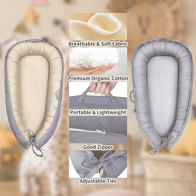 Infant Lounger, Portable Baby Nest Cover, 100% Cotton, Breathable & Reversible, Baby Lounger for Newborn, Adjustable Baby Floor Seat for Tummy Time, Essentials for Newborns