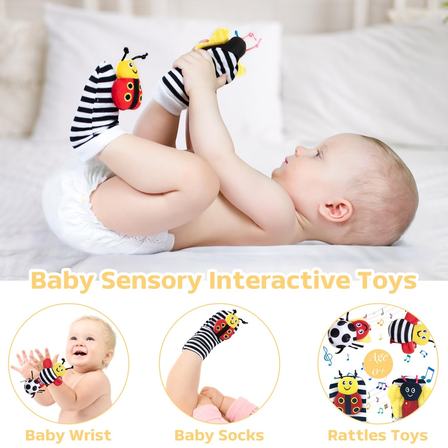 iAOVUEBY Baby Gift Set, Baby Shower Gifts, Black and White High Contrast Baby Toys 0-6 Months for Newborn Essentials Infant Rattle Socks Elephant Toys Blanket Onesies Baby Gift Basket for Girls Boys