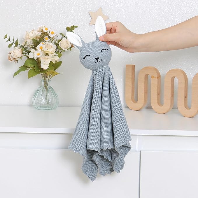LAWKUL Bunny Lovey Baby Blanket Soft Cuddly Security Blanket Knit Snuggle Comfort for Newborns Toddler Boy Girl Blue 16x16in