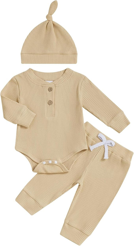 Newborn Baby Boy Clothes Long Sleeve Ribbed Bodysuit Pants Hat 3-Piece Outfit Set