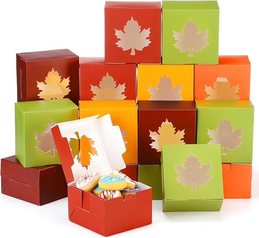 Dispowreath 24 Pcs Fall Treat Boxes Fall Cardboard Box with Maple Leaf Shape Window Autumn Thanksgiving Bakery Box Thanksgiving Paper Gift Container for Cookie Goodie Candy Party Favors