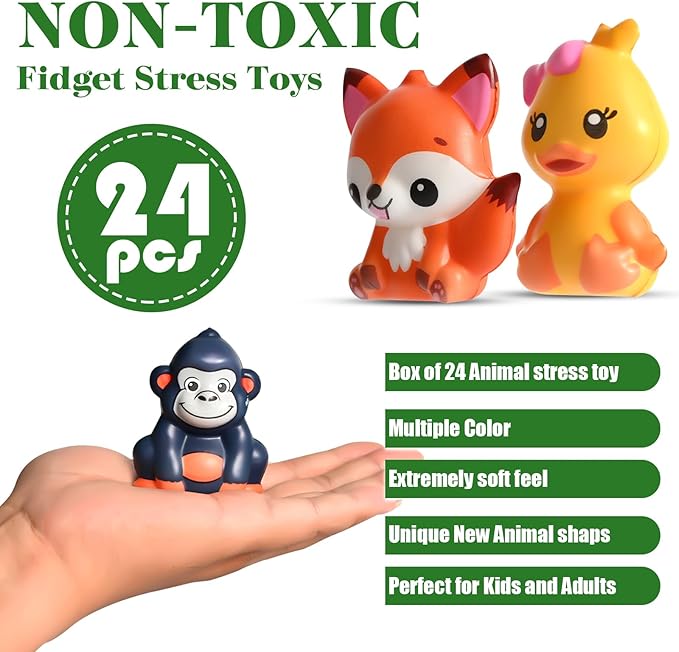 24PCS Party Favors for Kids, Animal Squishy Toys, Goodie Bag Pinata Fillers, Safari Wild Birthday Decorations, Treasure Chest Classroom Prizes,Easter Halloween Christmas Stocking Stuffers Gifts