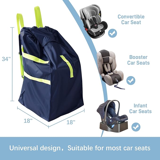 Car Seat Travel Bag for Airplane, Water-Resistant Gate Check Bag with Adjustable Carry Straps, Universal Fit, Durable Carseat Cover for Airplane Travel, Navy
