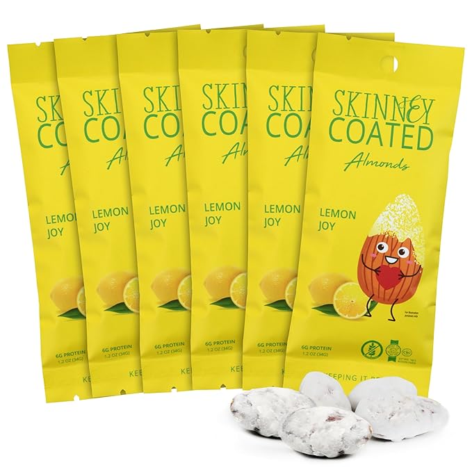 Skinny Coated Almonds Lemon Joy Snacks, Lemon Flavored Healthy Chocolate Snacks in Bulk - Skinny Almonds, Kosher, Gluten Free Sweet Snacks for Adults, 1.2Oz p/Bag, 6 Pack